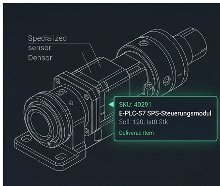 Technische Zeichnung eines Sensors mit SKU-Label.